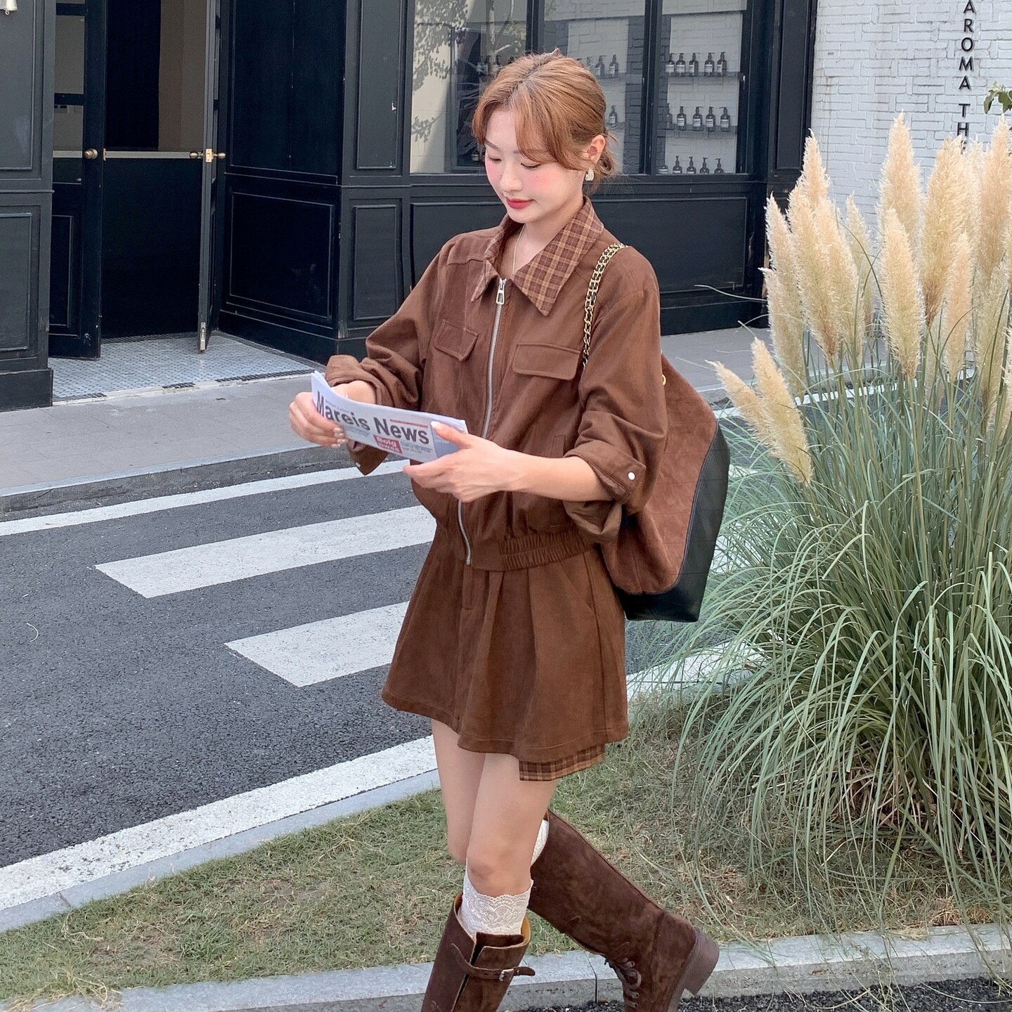 美拉德复古麂皮绒外套短裙套装女2025秋季新款甜酷风显瘦两件套潮,女装套装/套裙,菡迪欧娜
