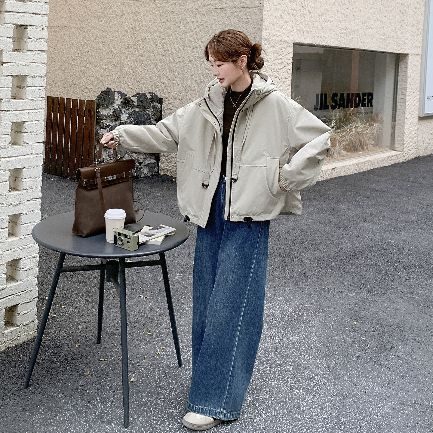 新品米白色连帽加绒派克服2C075-886-P205-K298,女装派克服,菡迪欧娜
