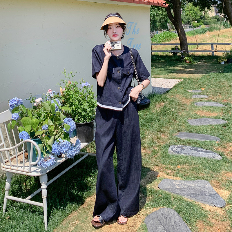 法式时尚气质圆领牛仔上衣套装女2025夏季新款显瘦阔腿长裤两件套,女装套装/套裙,菡迪欧娜