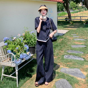 法式时尚气质圆领牛仔上衣套装女2025夏季新款显瘦阔腿长裤两件套图片