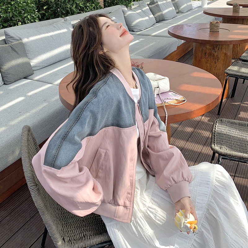 韩系牛仔拼接棒球服外套女2025秋新款小众设计感气质减龄夹克上衣图片