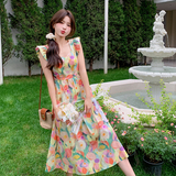 新品现货温柔风油画印花方领显瘦连衣裙2C075-398-P115-K168，女装连衣裙，菡迪欧娜