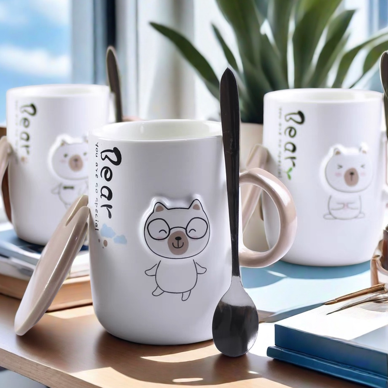 陶瓷喝水杯可爱杯子学生马克杯咖啡杯个性带勺带把白色水杯大容量