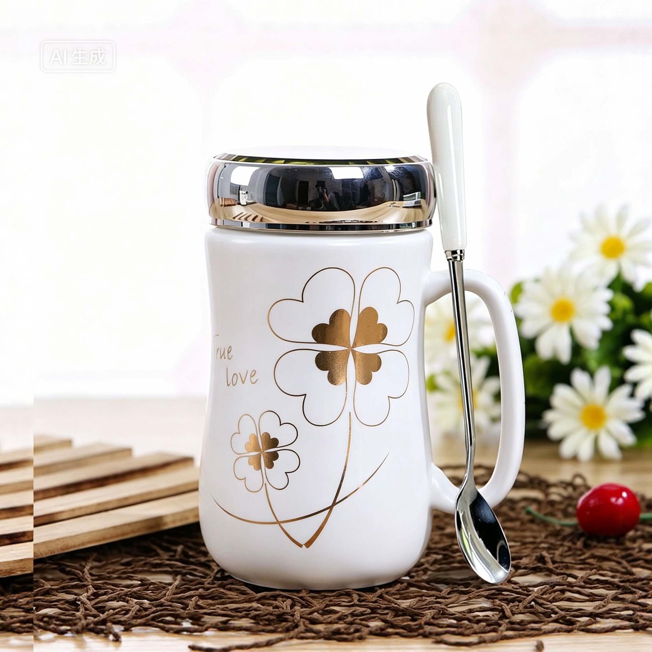 简约耐热白色陶瓷杯子描金办公室女喝水杯咖啡杯马克杯带盖勺定制图片