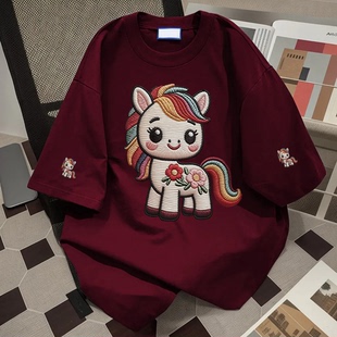 ins休闲宽松仿刺绣小马印花纯棉新款短袖T恤男女夏季高街潮牌上衣