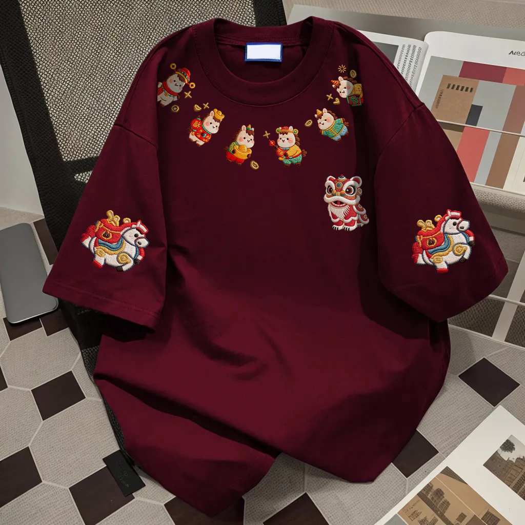 ins休闲宽松仿刺绣小马印花新款纯棉短袖T恤男女夏季高街潮牌上衣