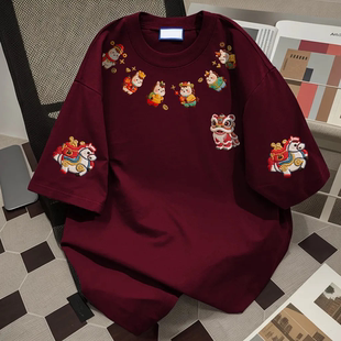 ins休闲宽松仿刺绣小马印花新款纯棉短袖T恤男女夏季高街潮牌上衣