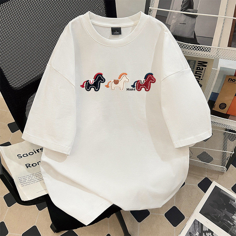 ins休闲宽松仿刺绣小马印花纯棉短袖T恤男女夏季高街潮牌上衣