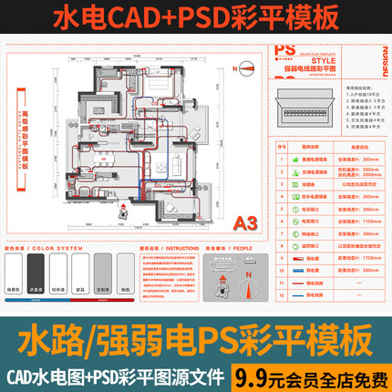 2026网红水路管线/强弱电施工图布置家装CAD平面ps彩平图制作模板