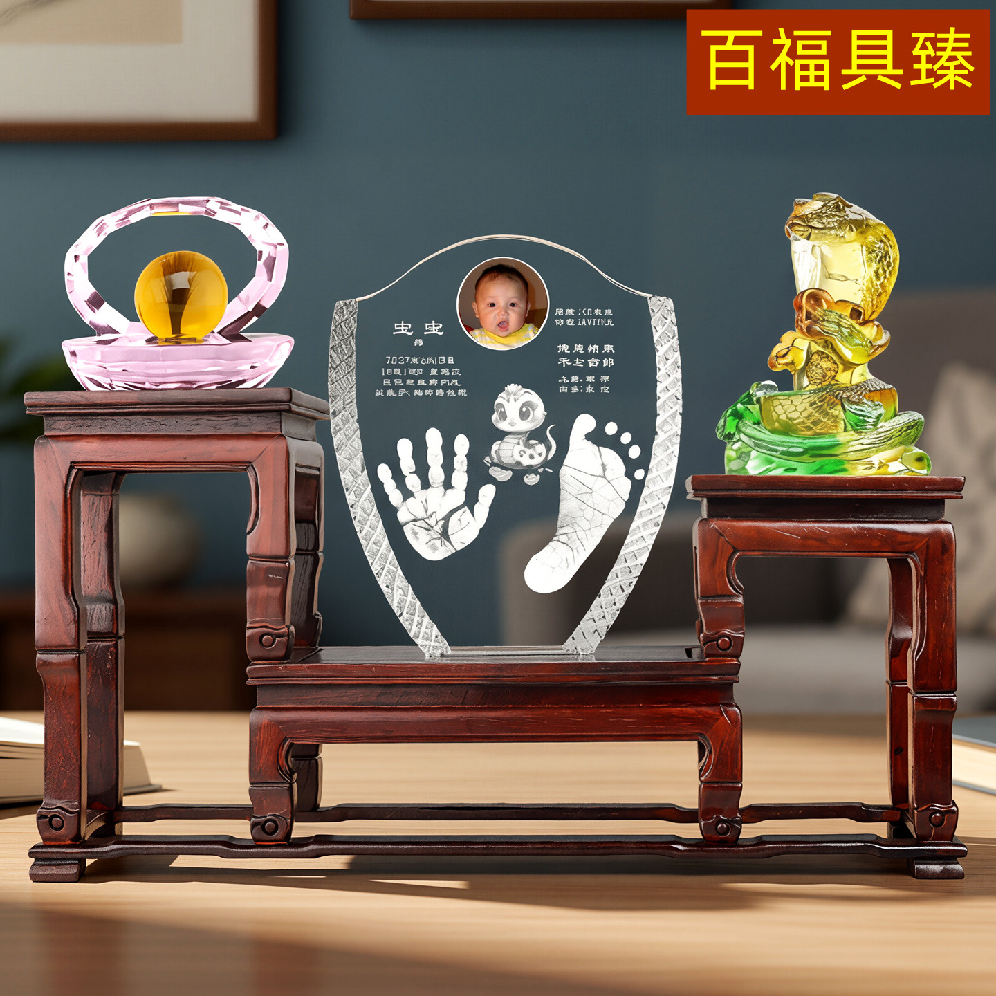 吉祥童子蛇婴儿纪念品水晶手脚印