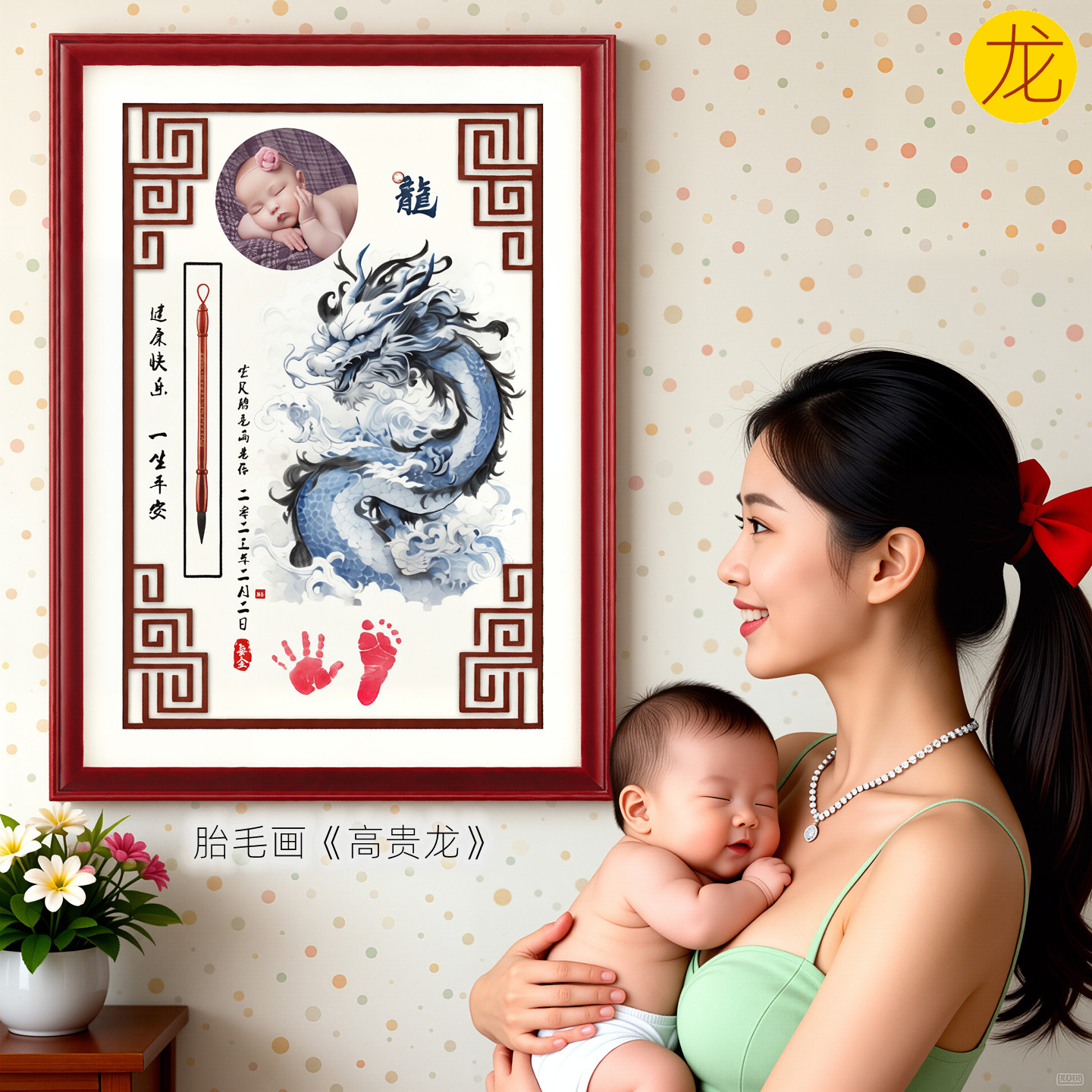 吉祥童子龙宝宝出生礼物定制生肖胎毛画绣婴幼儿纪念品高贵龙2024