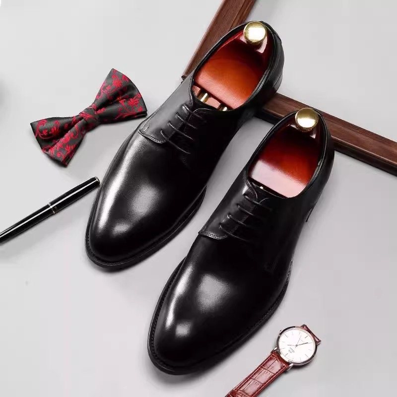 英伦男士商务正装皮鞋尖头男款西装真皮徳比鞋男黑色英伦新郎婚鞋