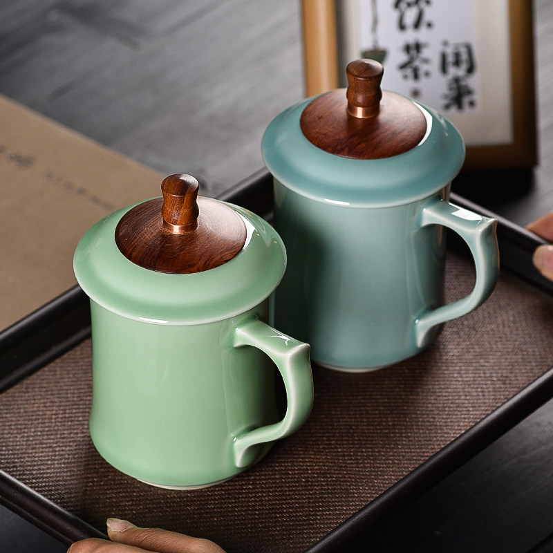 青瓷茶杯中式陶瓷带盖办公室杯子茶杯