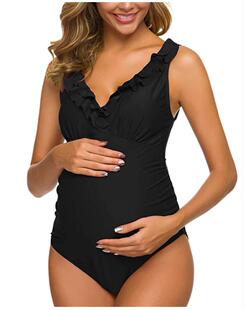 偏大 荷叶边孕妈连体泳衣沙滩温泉孕妇泳衣显瘦托腹泳 新款 纯色