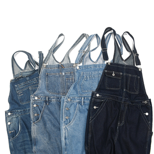 多色日常休闲宽松吊带裤 古着背带 牛仔裤 复古做旧水洗工装 潮 日式