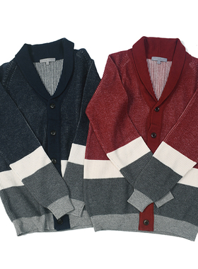 羊毛开衫 小众复古拼接撞色青果领毛衣 日常休闲叠穿针织衫潮6227