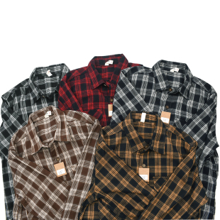 格子 休闲舒适面料长袖 日式 衬衫 双袋衬衣96 复古做旧水洗工装 经典