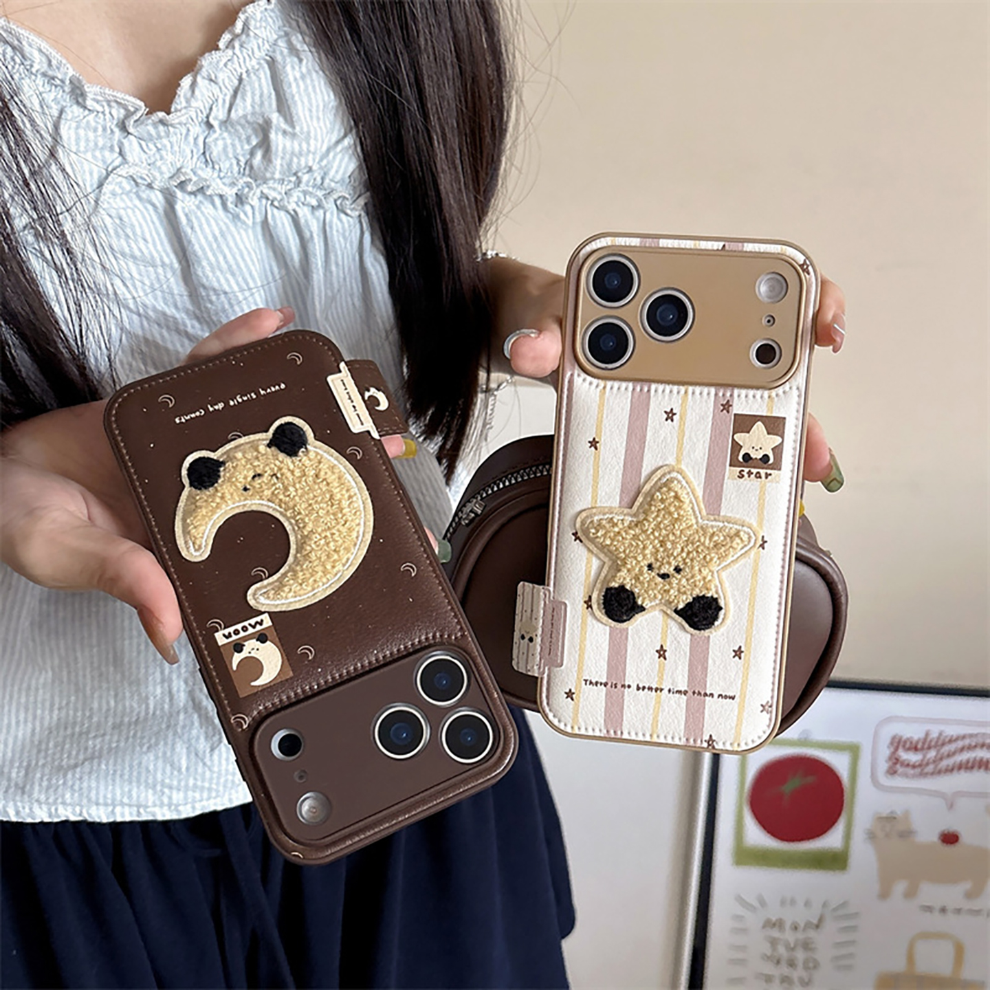 宁宁 秋冬皮纹可爱刺绣星星月亮防摔女iPhone17Promax MobileCase