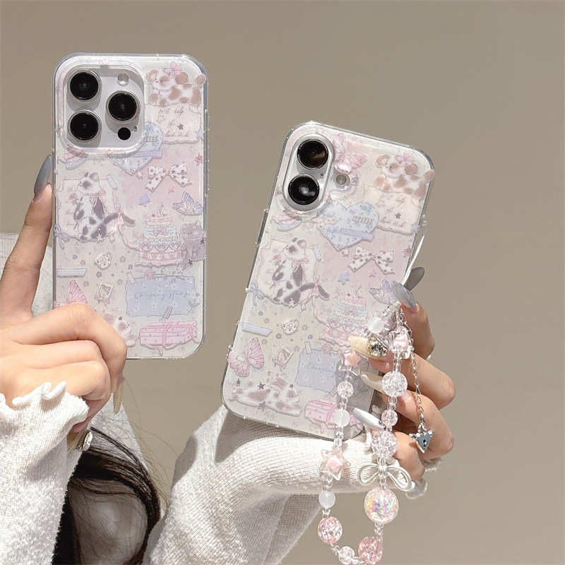 宁宁 少女卡通闪粉蛋糕蝴蝶猫咪链条双层女iPhone17ProMobileCase