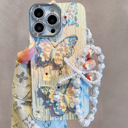 宁宁 韩风ins镶钻油画蝴蝶珍珠手链带镜头膜女iPhone16MobileCase