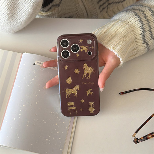 宁宁 秋冬美拉德棕金色闪粉小马双层女iPhone17Promax MobileCase