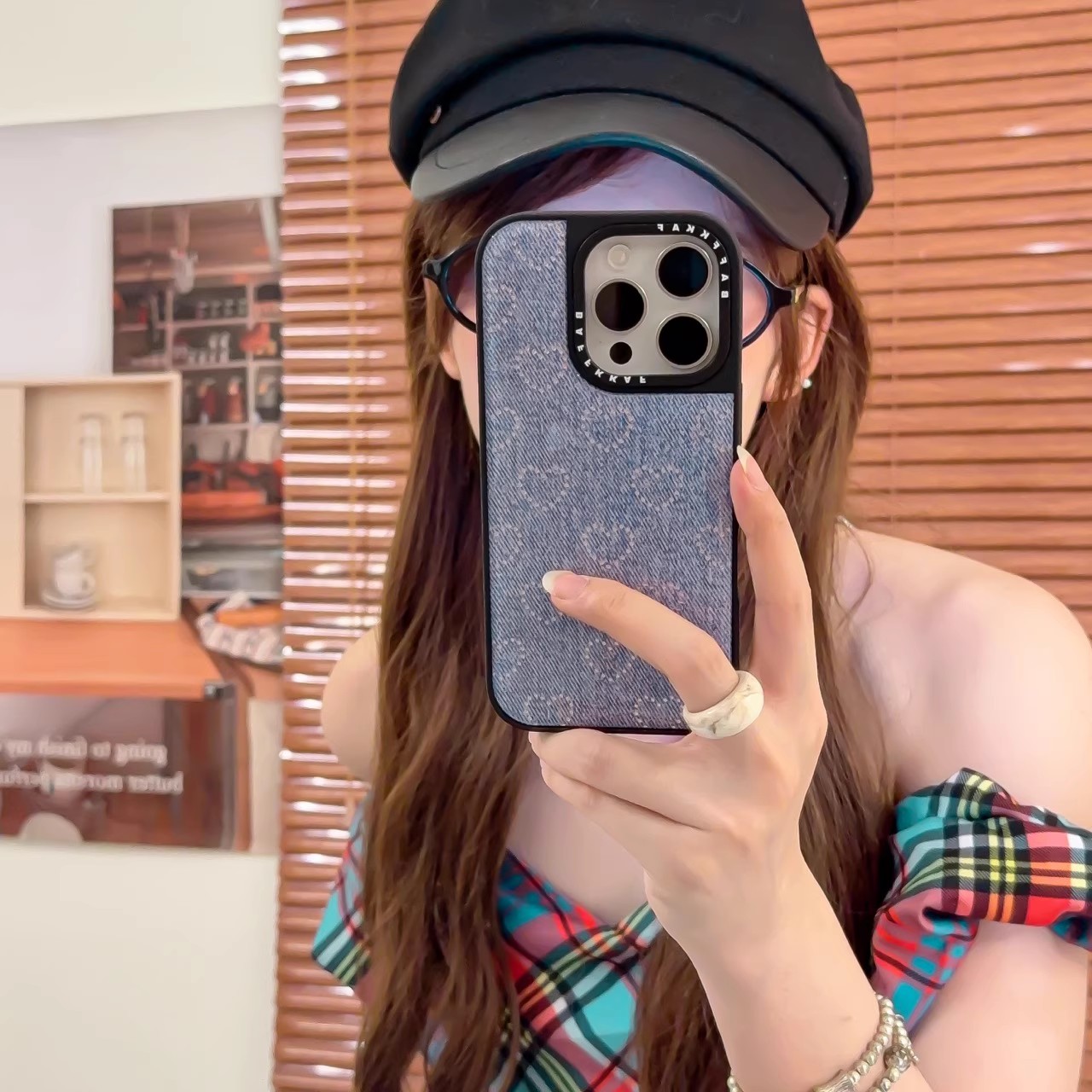 宁宁 时髦经典简约牛仔蓝银色爱心创意女iPhone16Pro Mobile Case