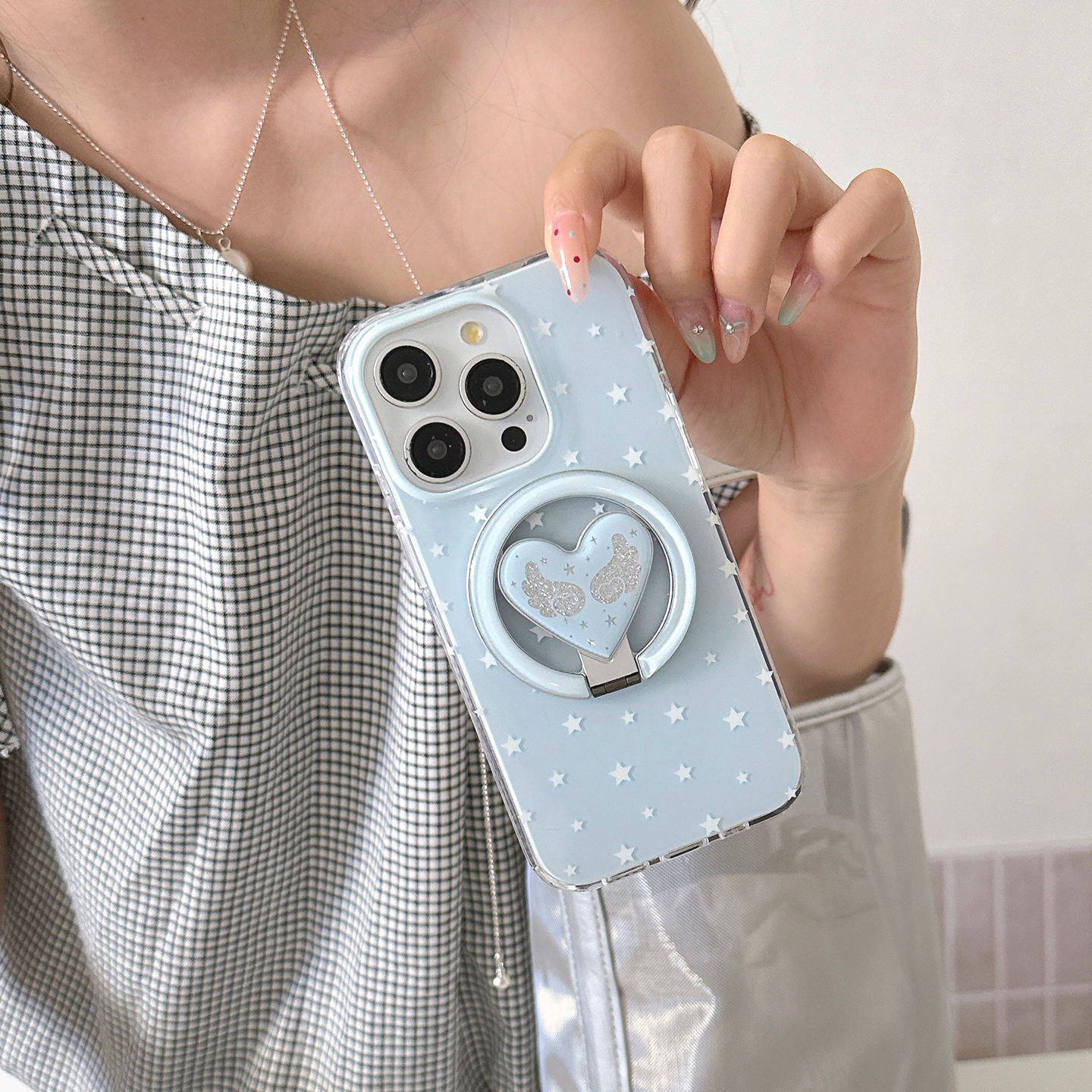 宁宁 小清新蓝白星星天使翅膀磁吸支架女iPhone16Pro Mobile Case