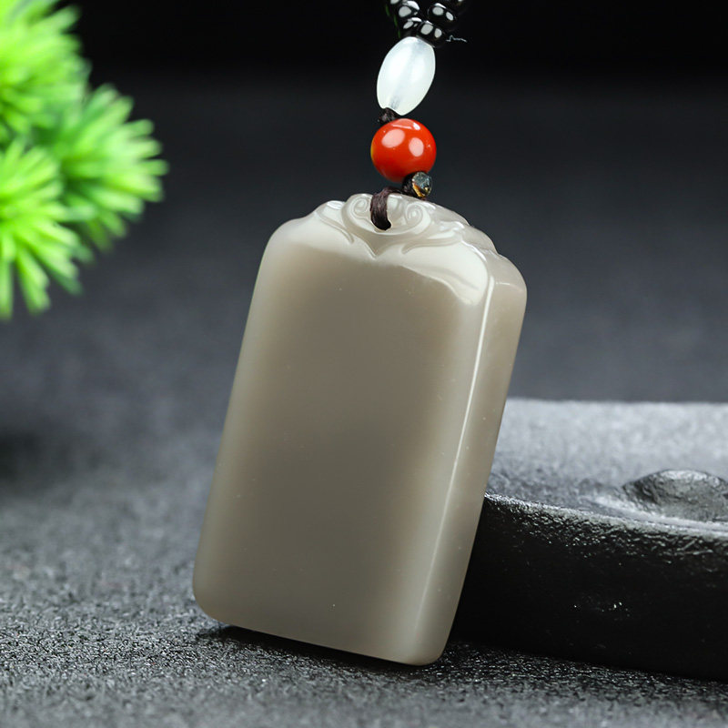 新疆和田玉烟灰色平安无事牌吊坠男女款玉石祥云牌挂件玉佩项链