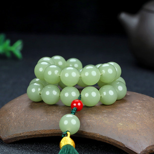 新疆和田玉青白玉手串手持天然湖水绿念珠手持圆珠手链男女把玩珠