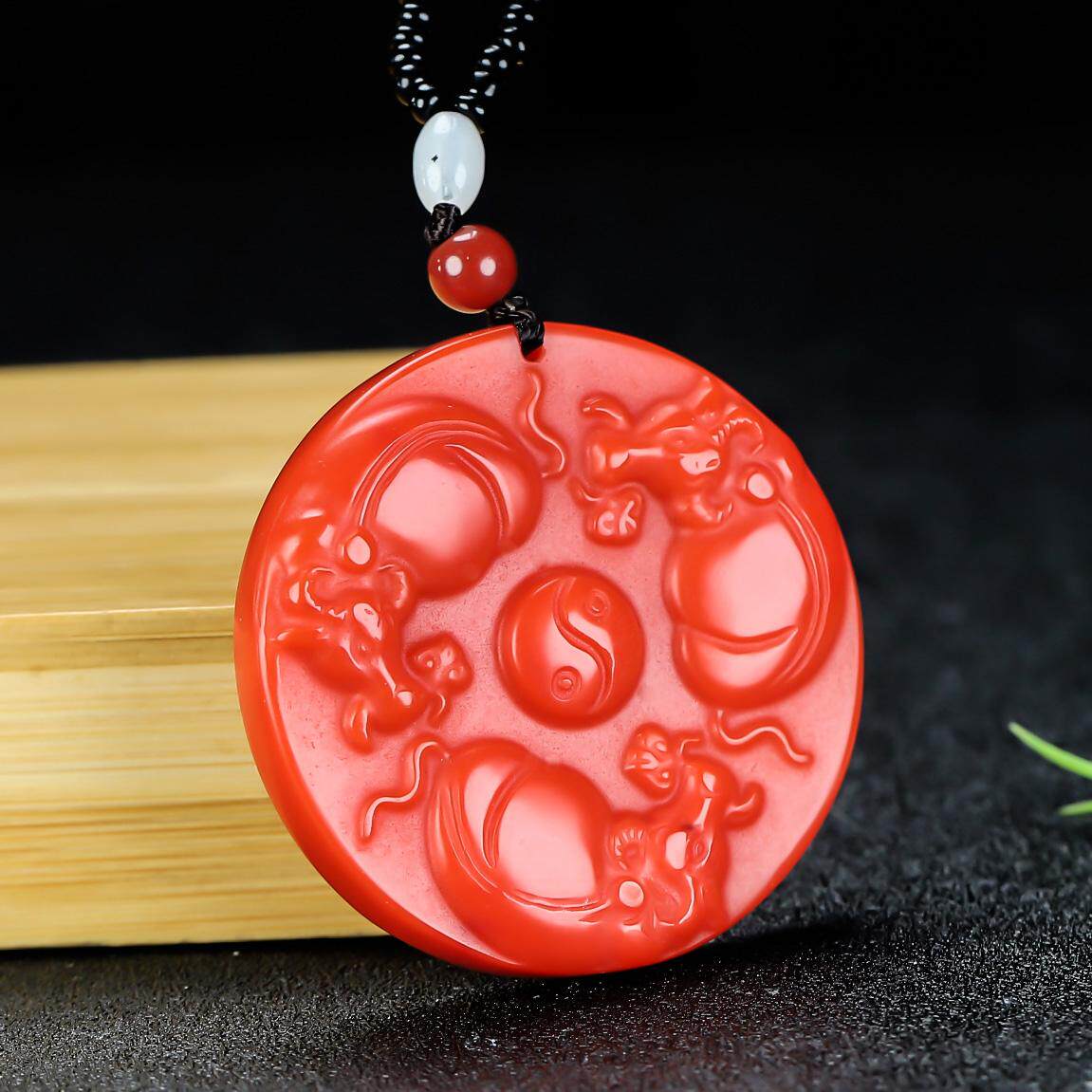 天然和田玉牛八卦吊坠鸡血玉红玉扭转乾坤八卦生肖牛玉挂件平安牌