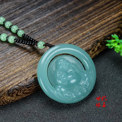 和田玉晴水玉弥勒佛吊坠新疆且末蓝大肚佛挂件镂空双面圆佛项链坠