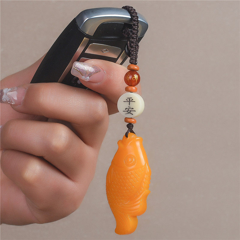 和田玉黄龙玉年年有余汽车钥匙扣挂件和田玉鲤鱼钥匙挂饰包挂吊坠