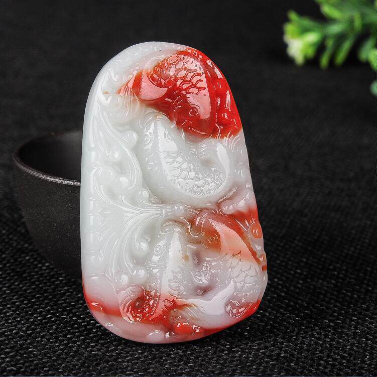 鸡血石玉鱼吊坠男女款金丝玉连年有余鱼挂件和田玉年年有余玉牌