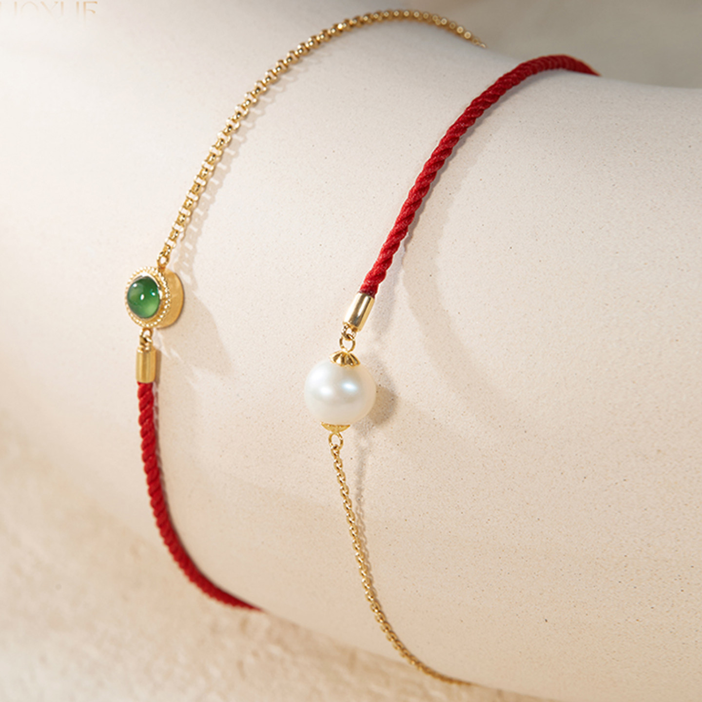 18K金红绳手链左雪珍珠翡翠