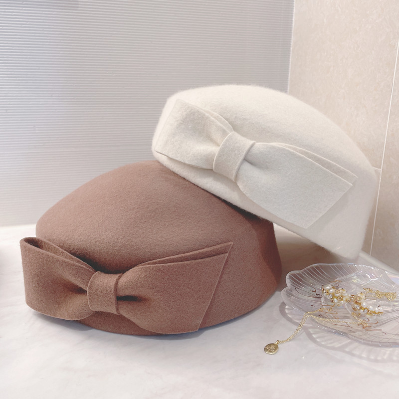 2024年贝雷帽日单优雅蝴蝶结纯羊毛呢圆顶礼帽挺阔时尚气质帽子女,服饰配件/皮带/帽子/围巾,帽子,淘宝优惠券,粉丝福利购,淘宝优惠卷