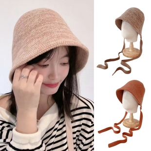 升级羊毛版!倪妮同款飘带渔夫帽子女纯色针织休闲盆帽防风保暖款
