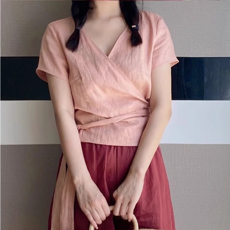 视频888小个亚麻短袖小衫女夏季法式系带交叉感上衣裁剪图纸样