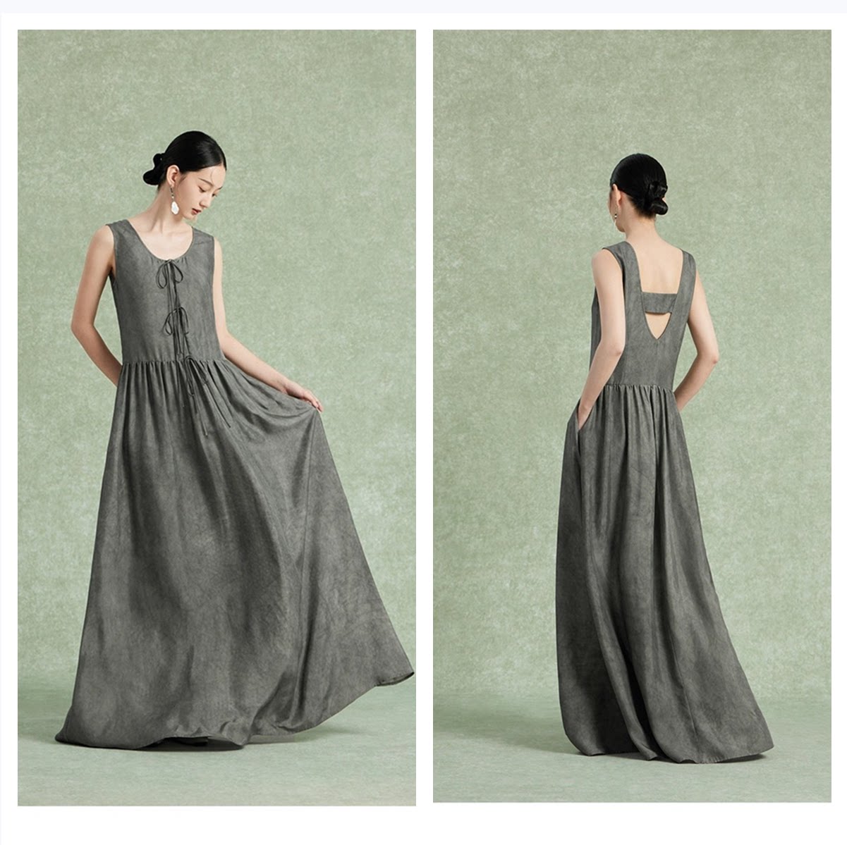 643香云纱真丝大摆套头U圆领长款背心连衣裙做衣服装裁剪纸样