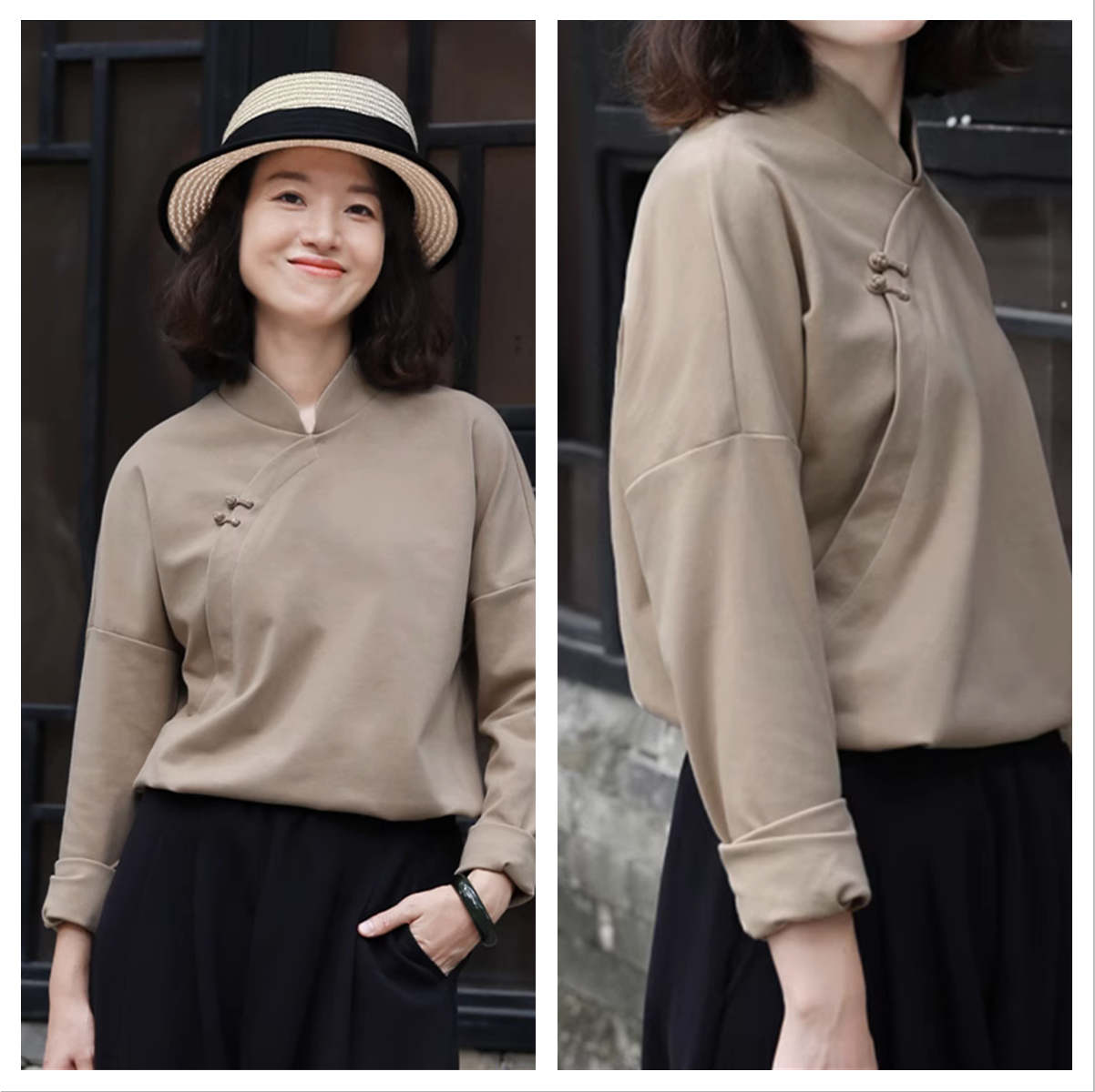 视频374针织纯棉斜襟立领长袖女春秋裁剪图香云纱板服装DIY1:纸样