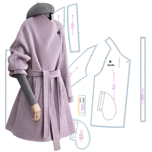 视频966大翻领毛呢短中款秋冬双面绒女大衣做衣服装裁剪图板纸样