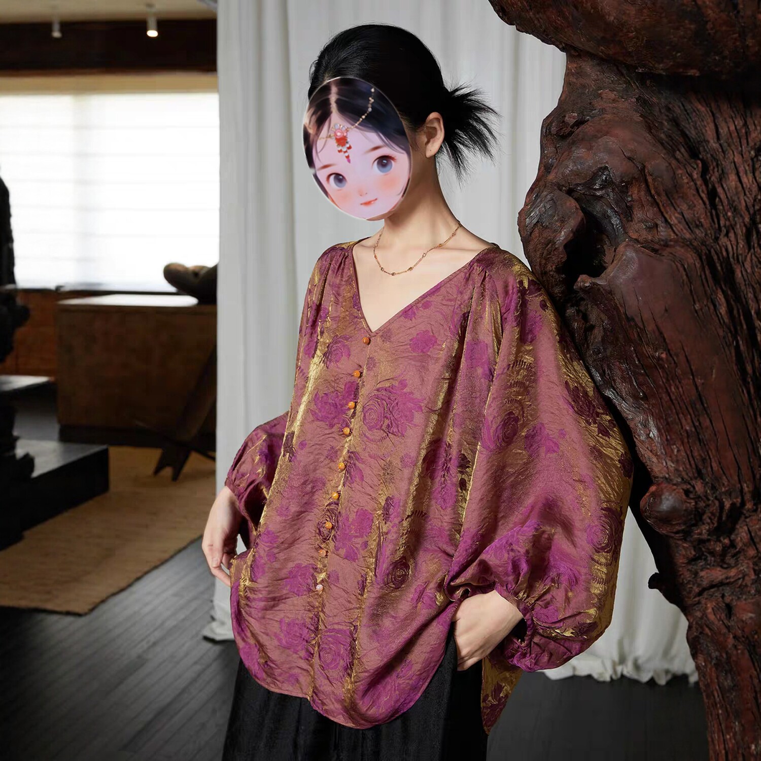 视频2005宽松版小V领灯笼袖长袖衬衫女小衫衬衣春秋样板裁纸样