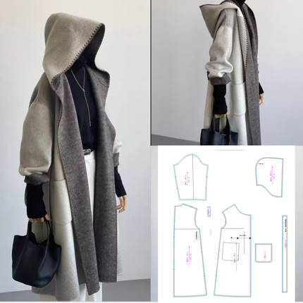 405双面羊绒帽子大衣中长款羊毛呢带帽外套做衣服装裁剪图纸纸样