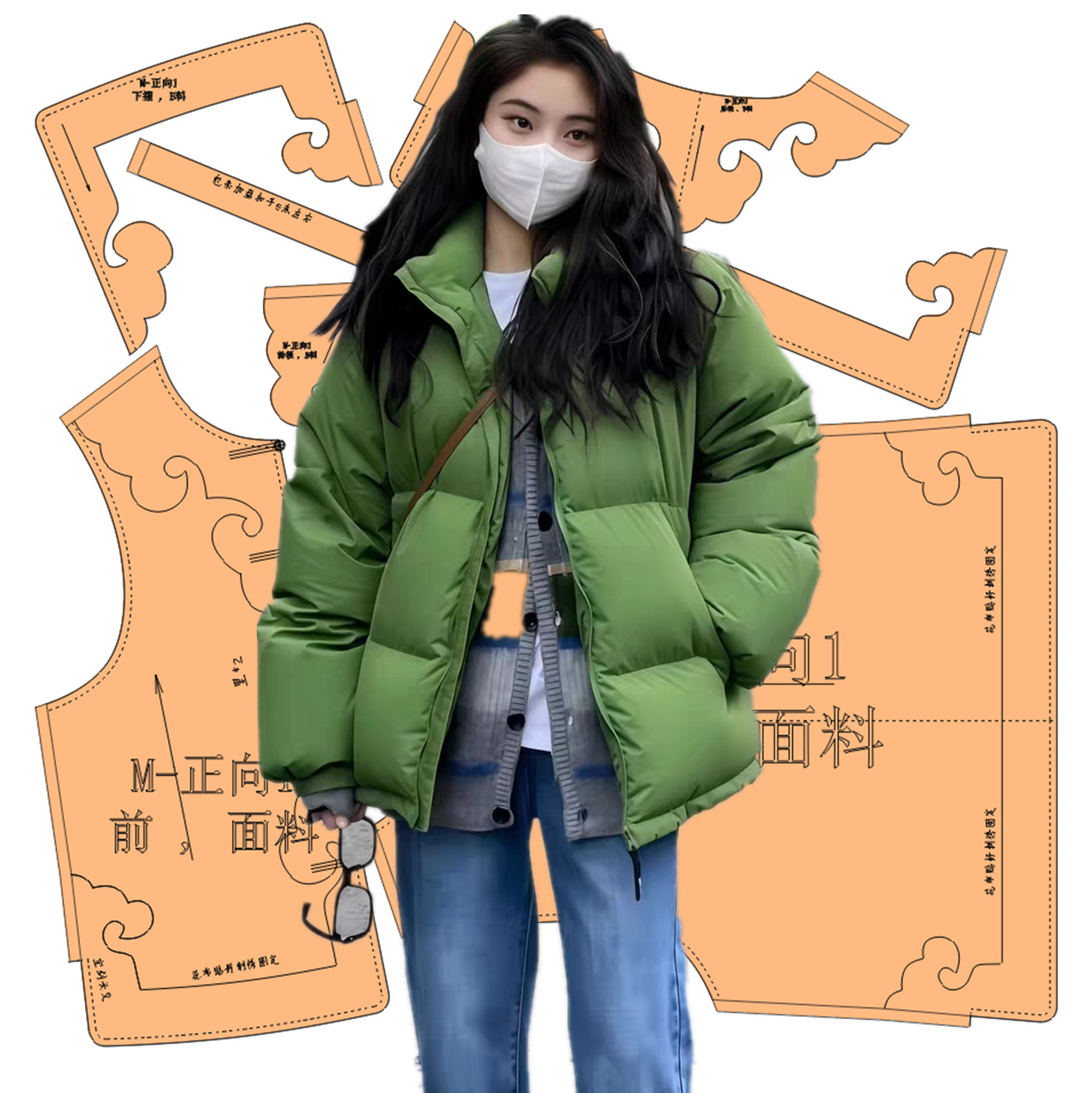 视频398立领短款羽绒服纸样通用女士青年简约羽绒外套裁剪图纸