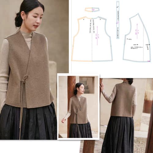 视频883中国风双面绒羊毛马夹中式唐装短坎肩马甲上衣裁剪图纸样