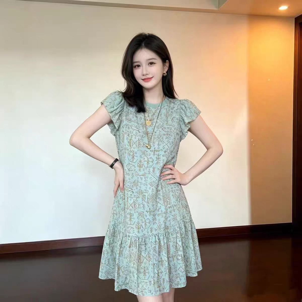 97简约微弹真丝大摆套头圆领长款泡泡袖连衣裙做衣服装裁剪纸样