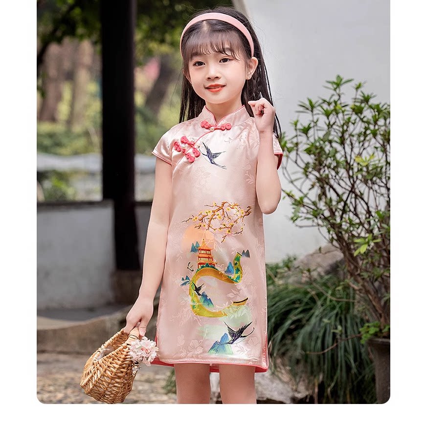 183真丝旗袍短袖连衣裙小女孩儿童古装演出装复古风裁剪图纸纸样