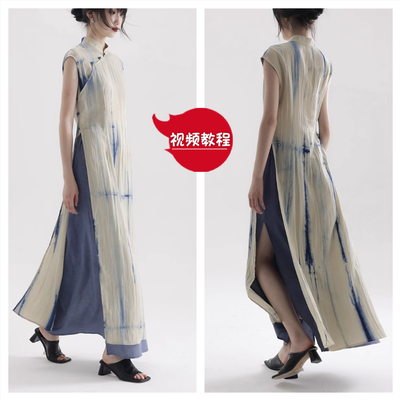 送教程48中式全开门襟高开衩香云纱旗袍新真丝斜襟连衣裙裁剪纸样