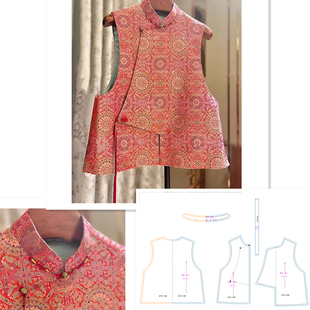 354新中式国风偏襟马甲宋锦国风外套印花马甲上衣裁剪图纸样