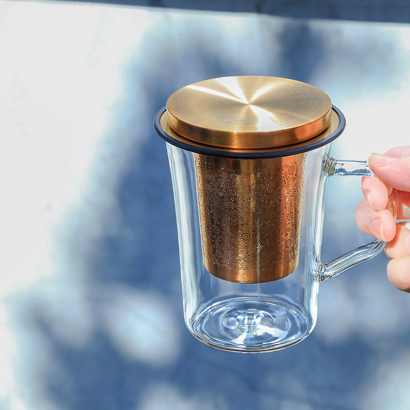 台湾宜龙eilong璀璨滤茶杯马克杯耐高温玻璃茶水分离带把手大容量