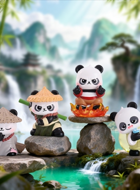 卡通国潮武林熊猫系列盲盒桌面装饰工位摆件创意潮流可爱公仔朋友